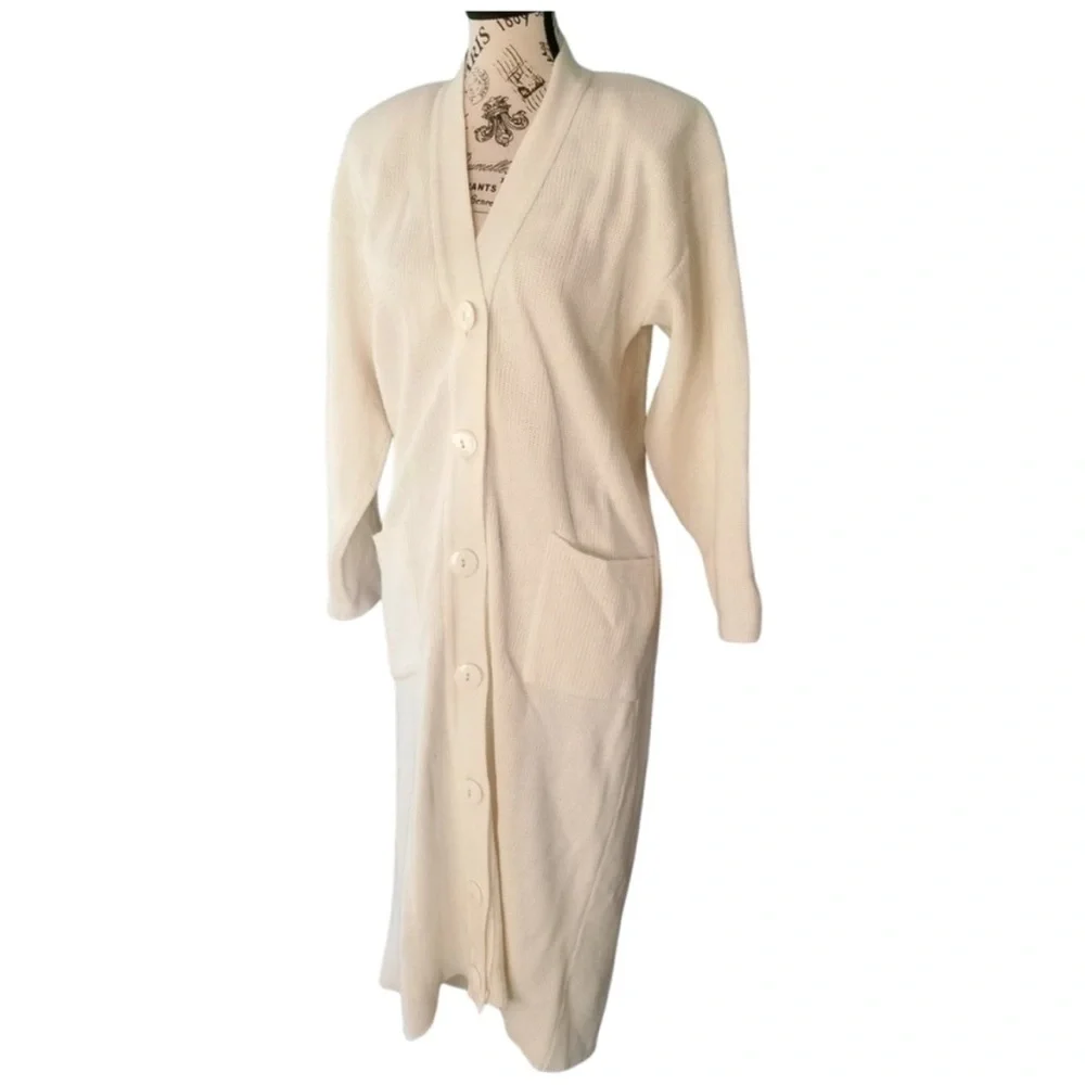 🇨🇦 80s Vintage Cream Long Button Cardigan Sweater Duster Size Small Oversized - Picture 3 of 7